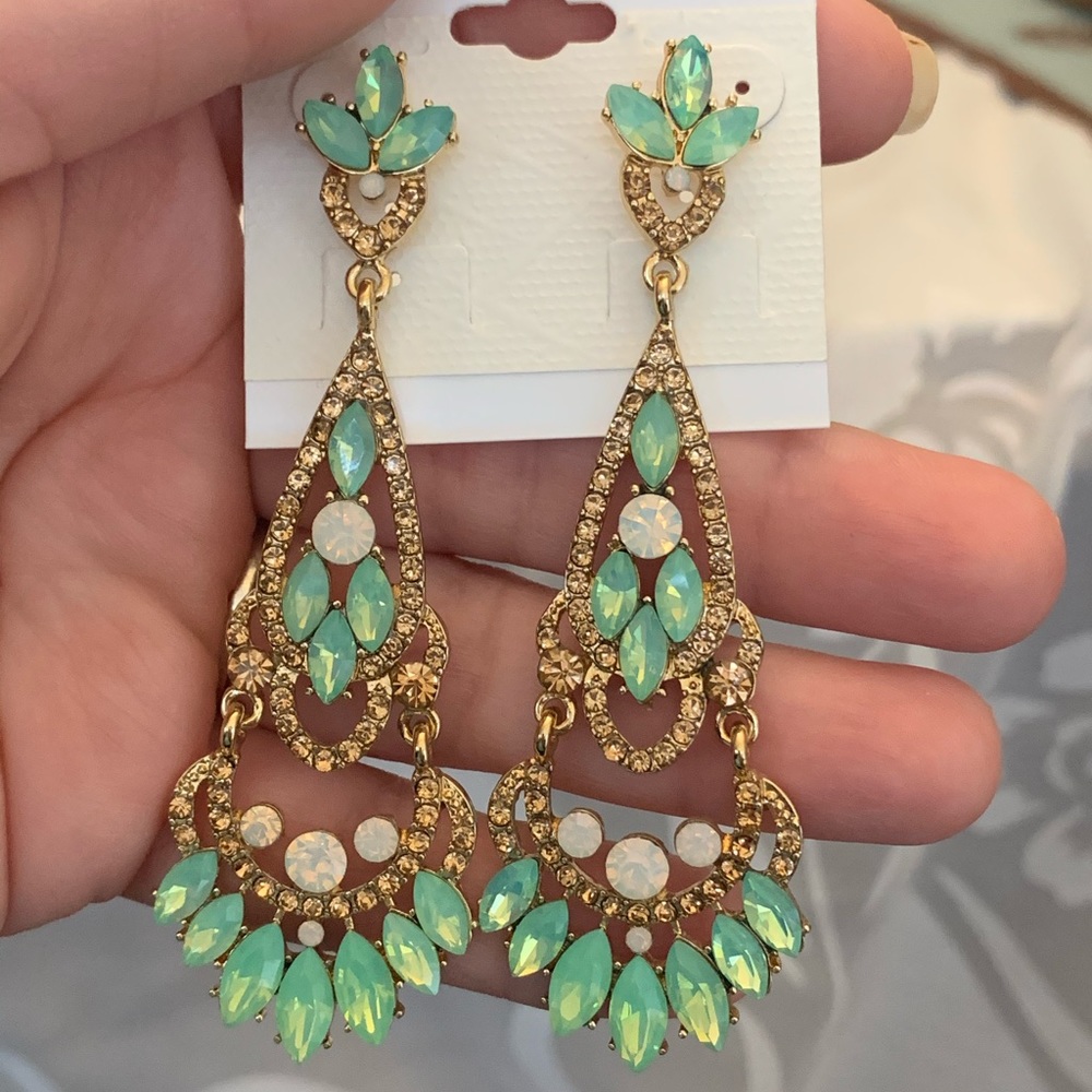 Mint and Gold rhinestone earrings.